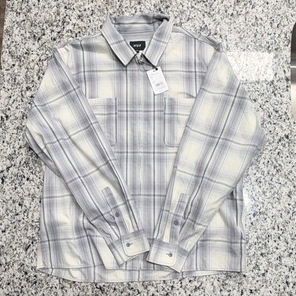 HUF Men's XL Cotton Woven Plaid Long Sleeve Button-Up Shirt Pockets Point Collar
